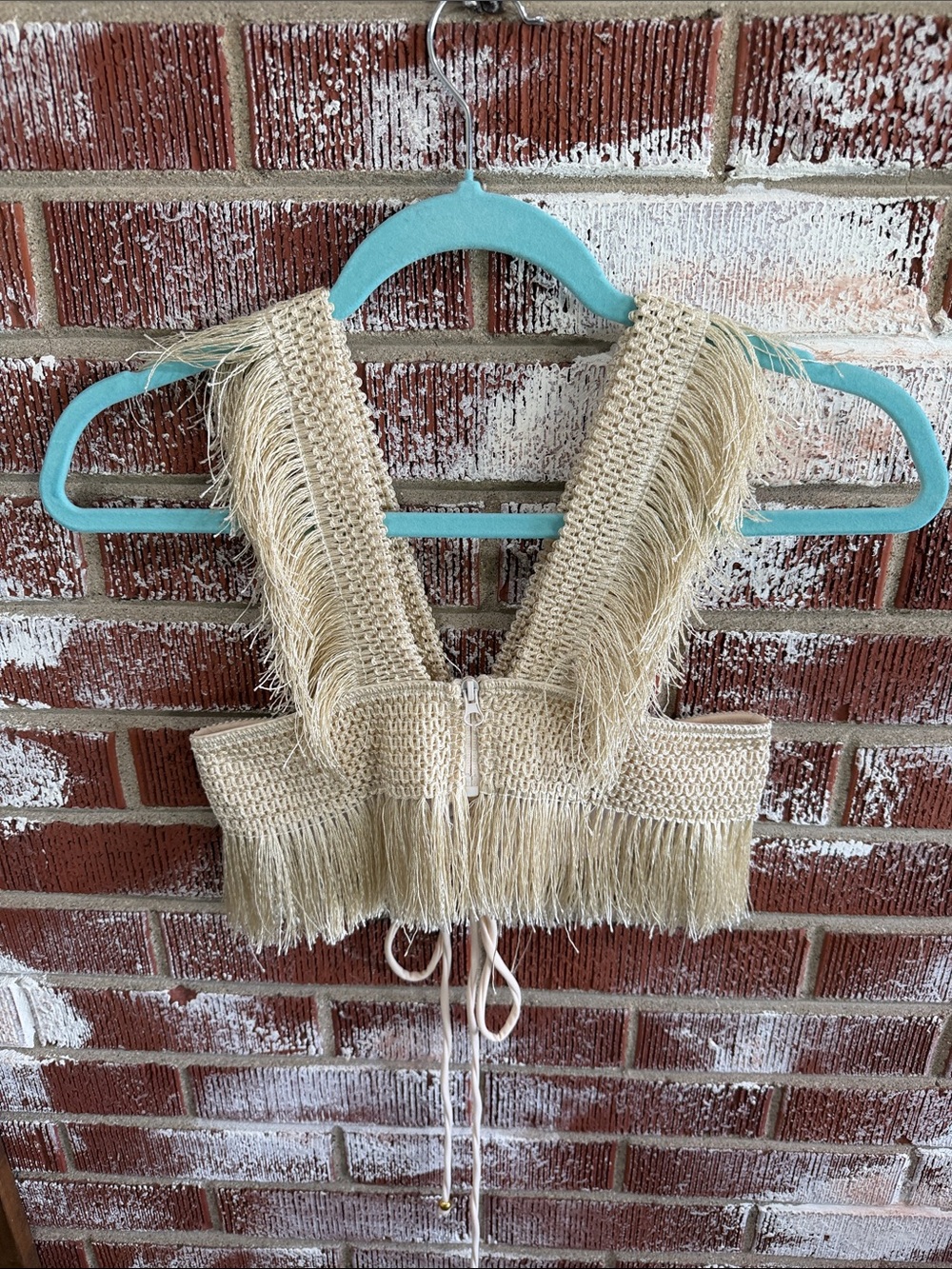 Cream Fringe Halter Top Festival Boho Western Tie Back Crop Top Size Small - Picture 2 of 6